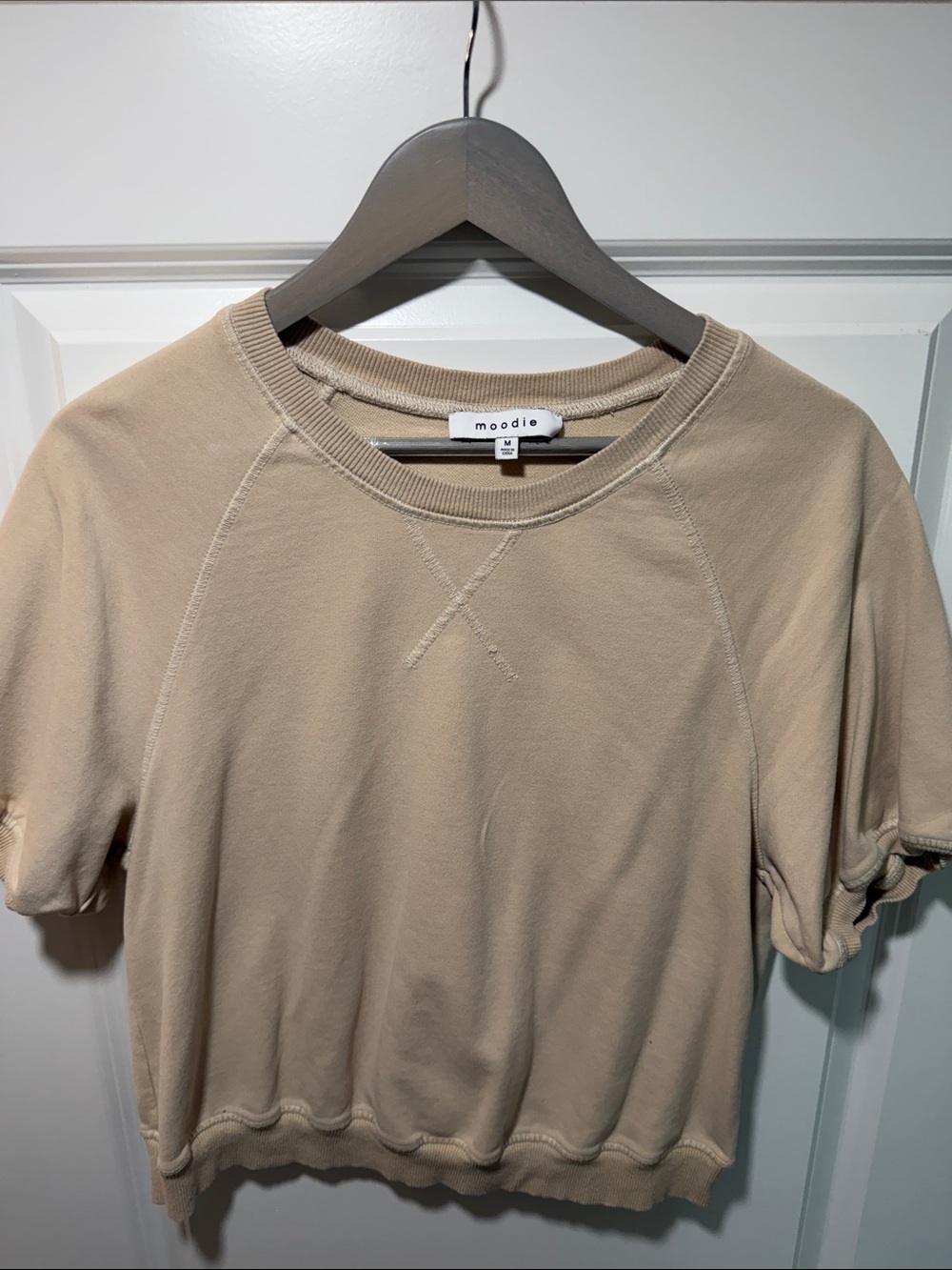 moodie Beige Short Sleeve Crewneck Pullover Sweatshirt
